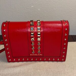 Michael Kors Red Leather Studded Crossbody with Gold Accents